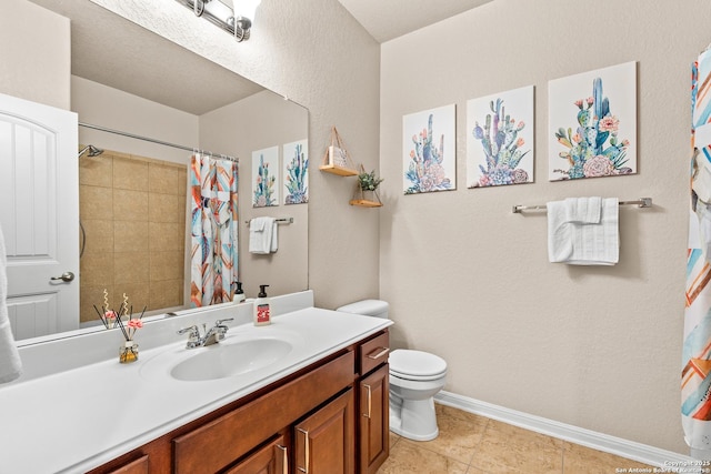 full bath with tile patterned floors, toilet, baseboards, curtained shower, and vanity