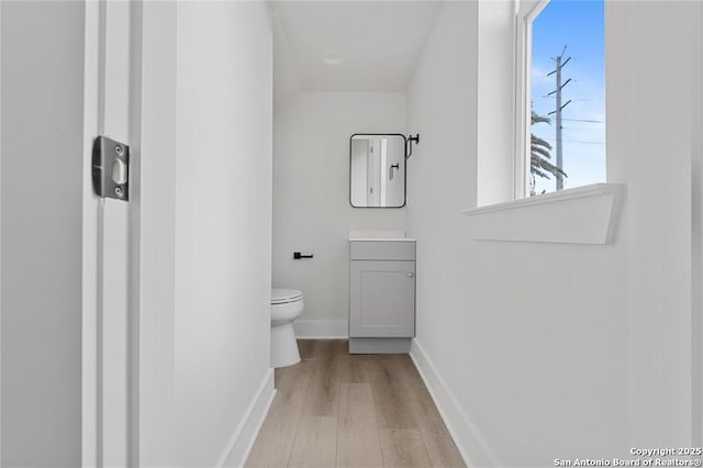 half bathroom featuring wood finished floors, a healthy amount of sunlight, toilet, and vanity