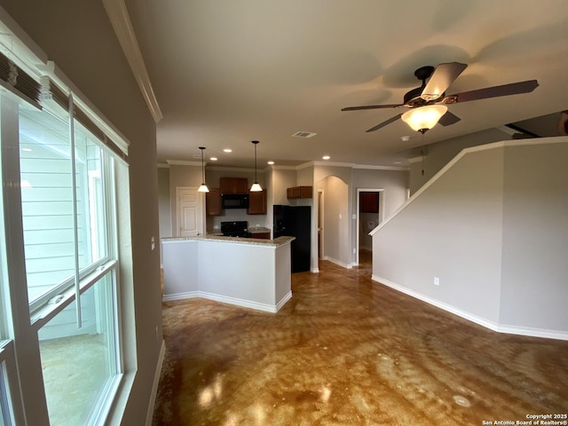 kitchen with crown molding, black appliances, finished concrete floors, baseboards, and recessed lighting