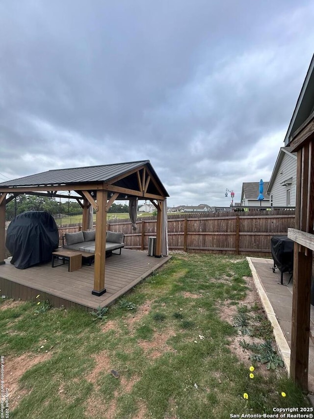 5936 Forenoon, Bulverde, TX 78163 - view of yard with outdoor lounge area, a wooden deck, a gazebo, and a fenced backyard