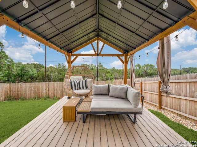 5936 Forenoon, Bulverde, TX 78163 - wooden deck featuring outdoor lounge area, a gazebo, a fenced backyard, and a yard