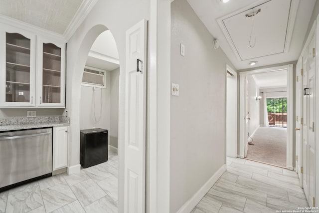 1923 W Pyron Ave, San Antonio, TX 78211 - hallway with marble finish floor, a wall mounted air conditioner, attic access, baseboards, and crown molding