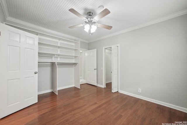 1923 W Pyron Ave, San Antonio, TX 78211 - unfurnished bedroom featuring crown molding, a ceiling fan, baseboards, and dark wood finished floors