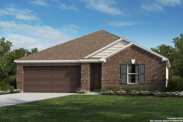 14927 House Wren Fall, San Antonio, TX 78253 - view of front of house featuring roof with shingles, a front lawn, concrete driveway, brick siding, and a garage