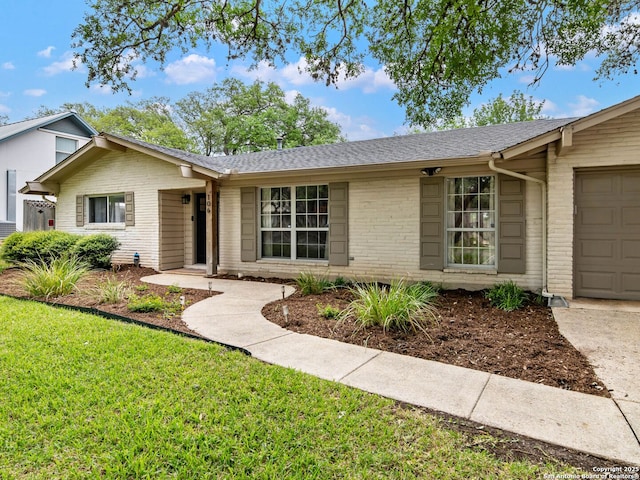 106 Castleoaks Dr, San Antonio, TX 78213 - ranch-style home with a front lawn, a garage, a shingled roof, and brick siding