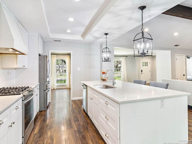 106 Castleoaks Dr, San Antonio, TX 78213 - kitchen featuring an inviting chandelier, a sink, custom range hood, appliances with stainless steel finishes, and plenty of natural light