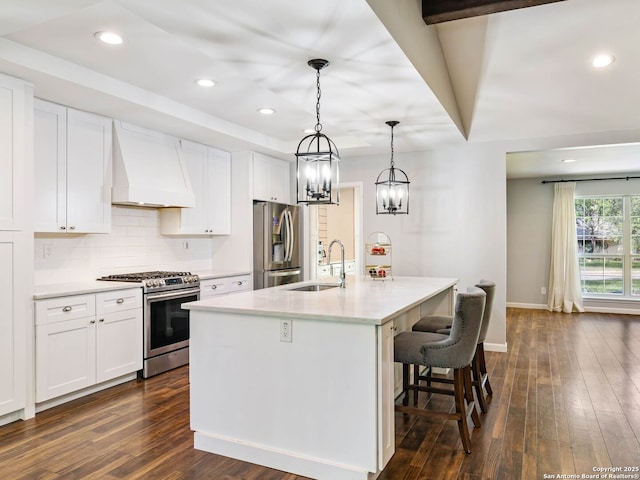 106 Castleoaks Dr, San Antonio, TX 78213 - kitchen with appliances with stainless steel finishes, custom exhaust hood, white cabinets, and a sink