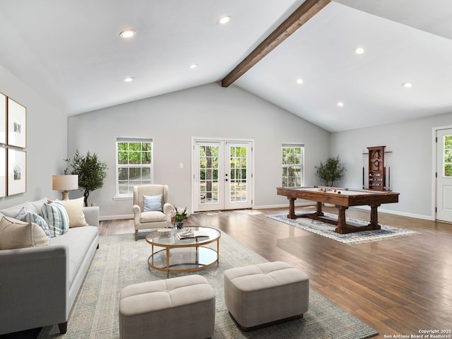 106 Castleoaks Dr, San Antonio, TX 78213 - game room with recessed lighting, wood finished floors, a healthy amount of sunlight, and vaulted ceiling with beams