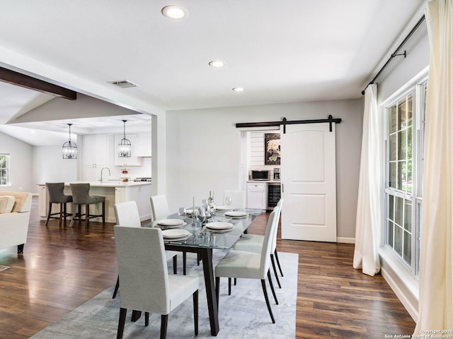 106 Castleoaks Dr, San Antonio, TX 78213 - dining space featuring a barn door, visible vents, a healthy amount of sunlight, and recessed lighting