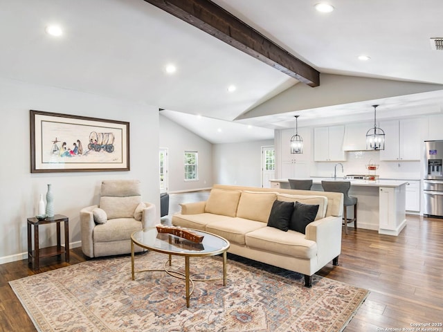 106 Castleoaks Dr, San Antonio, TX 78213 - living area with recessed lighting, vaulted ceiling with beams, and dark wood-style flooring