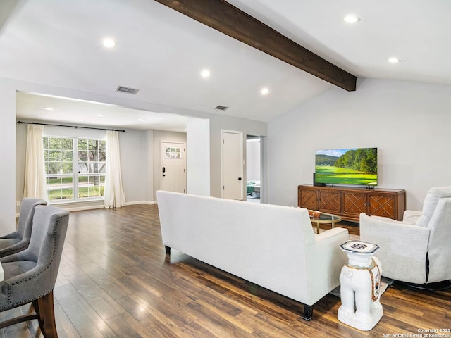 106 Castleoaks Dr, San Antonio, TX 78213 - living area featuring visible vents, lofted ceiling with beams, recessed lighting, and dark wood-style floors
