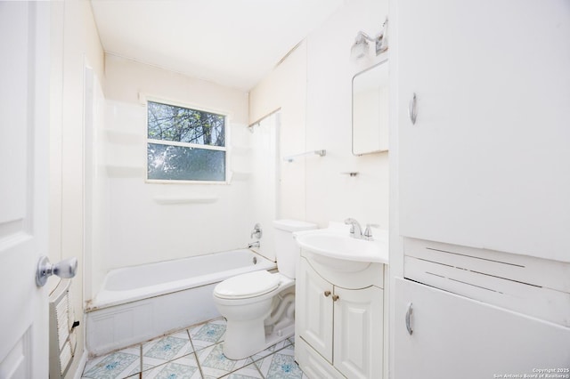 full bathroom with tile patterned flooring, toilet, vanity, and  shower combination