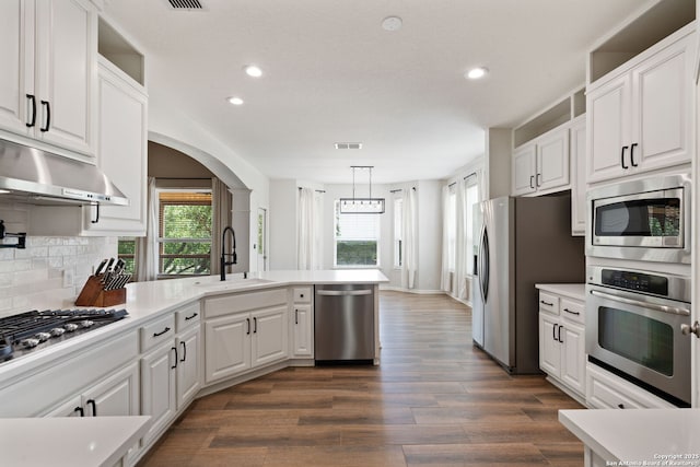 kitchen featuring a sink, stainless steel appliances, white cabinetry, a peninsula, and under cabinet range hood