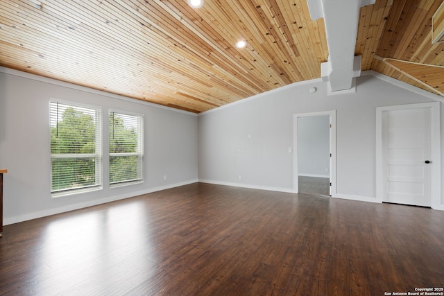 interior space with wood ceiling, baseboards, vaulted ceiling, and dark wood-style floors