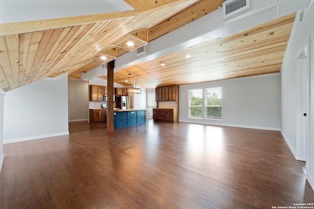 unfurnished living room featuring visible vents, wooden ceiling, baseboards, and dark wood-type flooring