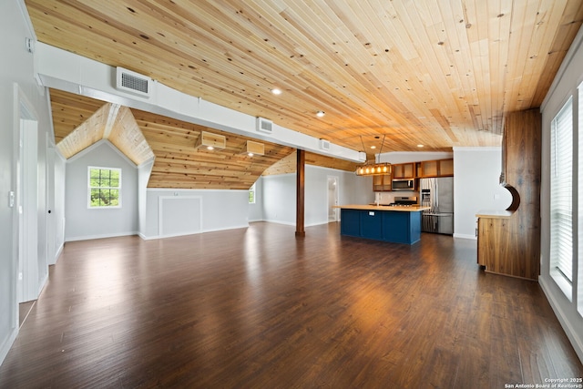 unfurnished living room featuring dark wood finished floors, wooden ceiling, lofted ceiling, and visible vents