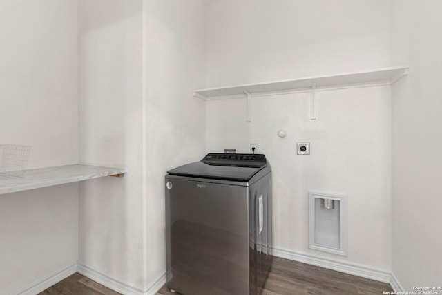8212 Mulaney, San Antonio, TX 78253 - clothes washing area featuring dark wood finished floors, washer / dryer, laundry area, and baseboards