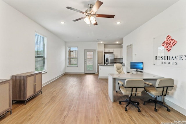 home office with recessed lighting, light wood-style flooring, baseboards, and ceiling fan