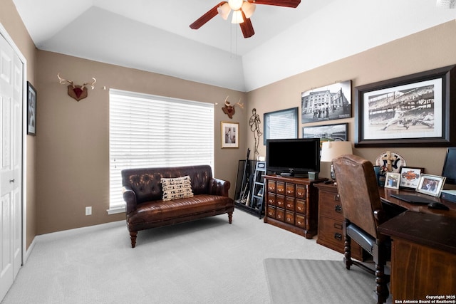 office space with carpet flooring and ceiling fan