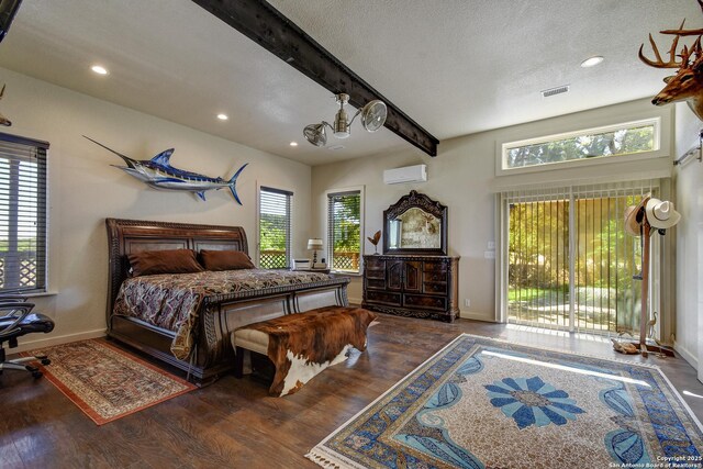 1340 Hinch, New Braunfels, TX 78132 - bedroom featuring baseboards, beam ceiling, wood finished floors, and access to outside