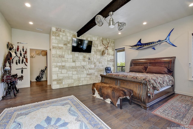 1340 Hinch, New Braunfels, TX 78132 - bedroom featuring baseboards, recessed lighting, visible vents, beamed ceiling, and wood finished floors