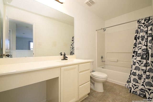 full bathroom featuring tile patterned floors, shower / bath combo, toilet, visible vents, and vanity