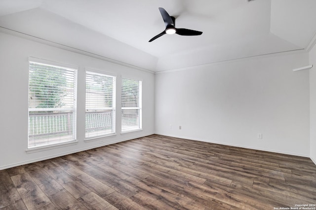 spare room with dark wood finished floors, lofted ceiling, a ceiling fan, and baseboards