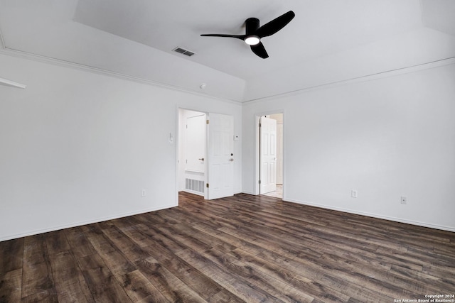spare room with ceiling fan, baseboards, dark wood-style floors, and visible vents