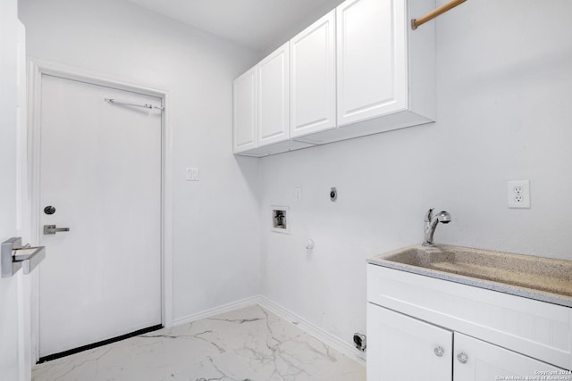laundry area with marble finish floor, a sink, gas dryer hookup, hookup for a washing machine, and cabinet space