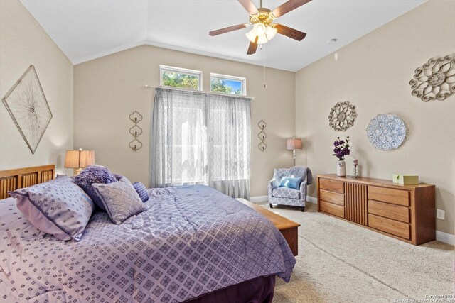 534 Mission Hill Run, New Braunfels, TX 78132 - bedroom with vaulted ceiling, baseboards, carpet floors, and a ceiling fan