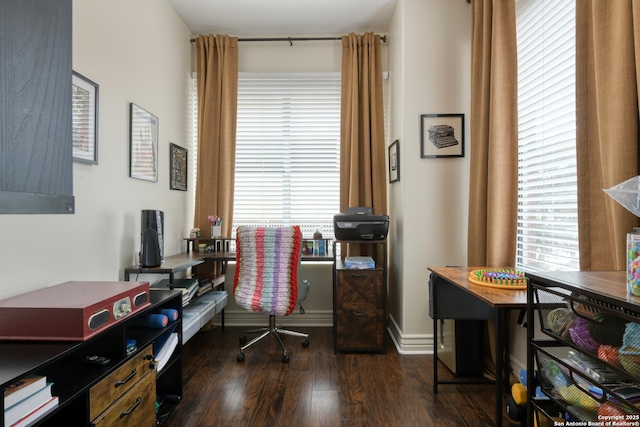 home office with a wealth of natural light and dark wood-type flooring