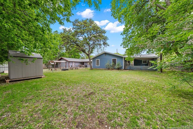 view of yard featuring a fenced backyard, an outbuilding, and a shed