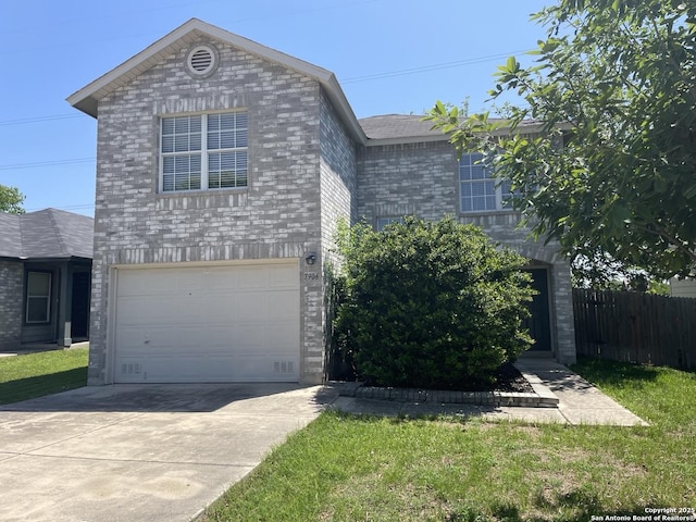 view of front of house with a garage, brick siding, driveway, and fence