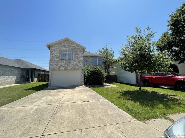 view of front facade featuring an attached garage, a front lawn, driveway, and brick siding