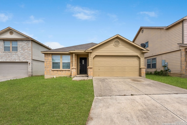 view of front facade with stone siding, a front lawn, driveway, and a garage