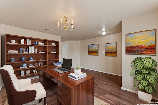 office area featuring baseboards, visible vents, a chandelier, and dark wood-style floors