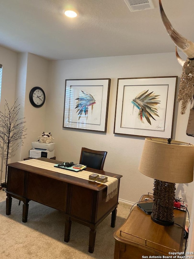 carpeted office space with baseboards, visible vents, and recessed lighting
