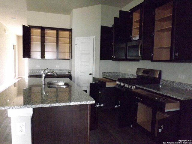 kitchen featuring light stone counters, a sink, a kitchen island with sink, and glass insert cabinets