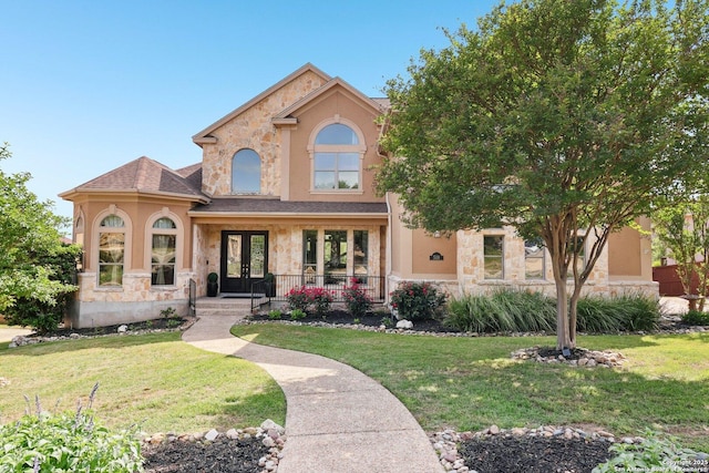 518 Ruidosa Downs, Helotes, TX 78023 - view of front of property featuring stone siding, a front lawn, and french doors