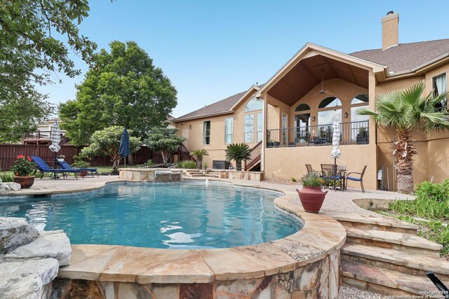518 Ruidosa Downs, Helotes, TX 78023 - view of swimming pool featuring fence, a patio area, a fenced in pool, and ceiling fan