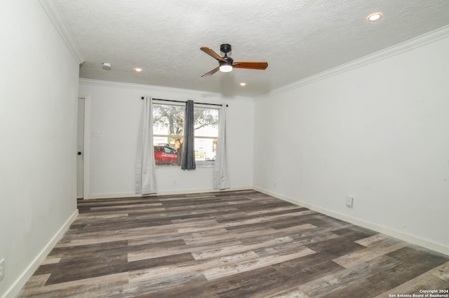 spare room featuring recessed lighting, wood finished floors, a ceiling fan, crown molding, and a textured ceiling