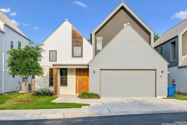 611 Simple Way, San Antonio, TX 78209 - view of front facade with cooling unit, stone siding, a garage, and concrete driveway