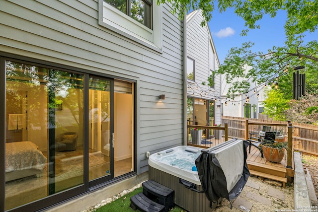 611 Simple Way, San Antonio, TX 78209 - wooden terrace featuring fence, a hot tub, and a grill