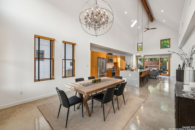 611 Simple Way, San Antonio, TX 78209 - dining space with baseboards, a chandelier, beamed ceiling, concrete flooring, and high vaulted ceiling