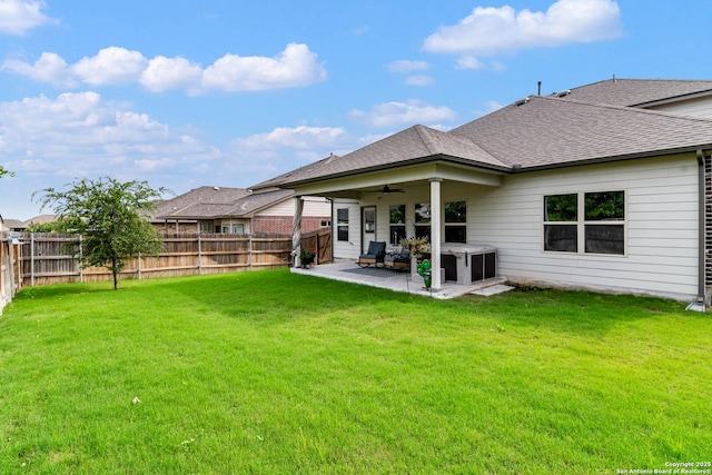 5112 Arrow Rdg, Schertz, TX 78154 - back of house with a patio, ceiling fan, a fenced backyard, and a yard