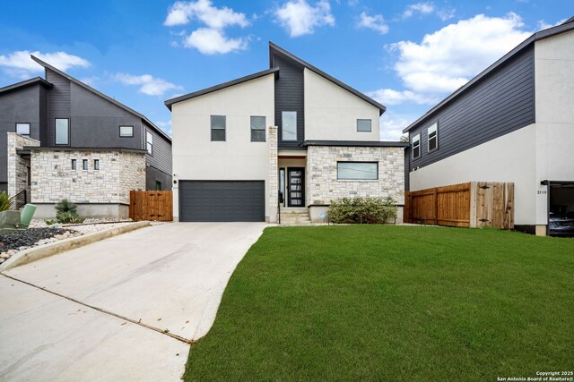 2114 Village, San Antonio, TX 78251 - view of front of home with a garage, stone siding, concrete driveway, and fence