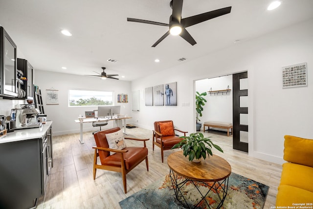 2114 Village, San Antonio, TX 78251 - living room featuring a ceiling fan, light wood-type flooring, and recessed lighting