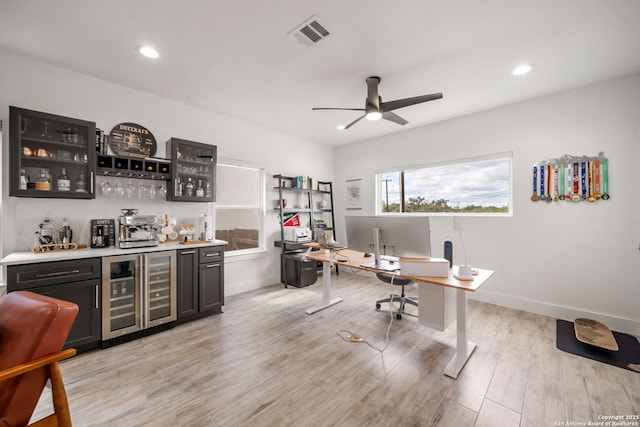 2114 Village, San Antonio, TX 78251 - office featuring indoor bar, wine cooler, light wood-type flooring, visible vents, and a ceiling fan