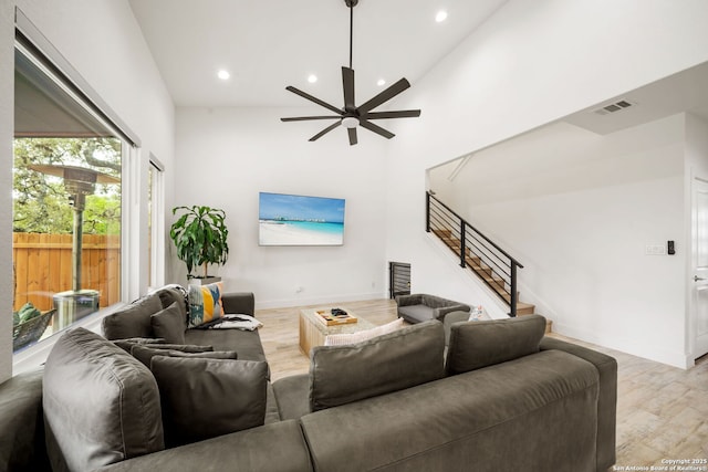 2114 Village, San Antonio, TX 78251 - living area with stairway, light wood-type flooring, ceiling fan, baseboards, and visible vents