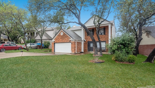 traditional-style house with concrete driveway, an attached garage, brick siding, and a front lawn